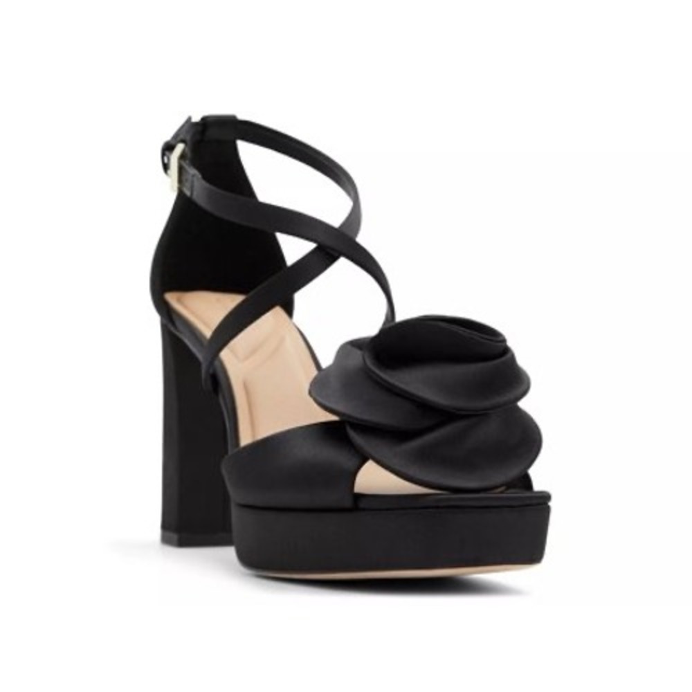 Ted Baker London Maddy Rose Black Satin Floral Platform Block Heels sz 7.5